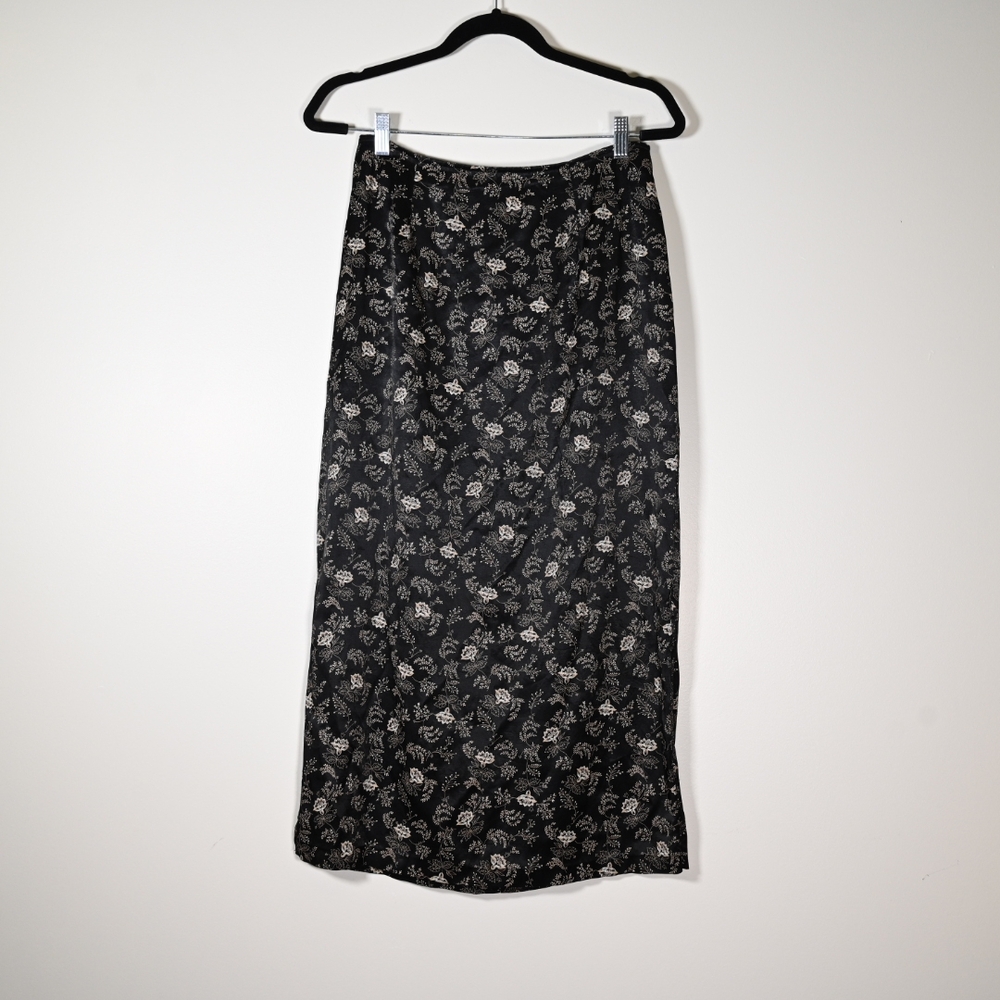 Floral Satin Midi Skirt M Black